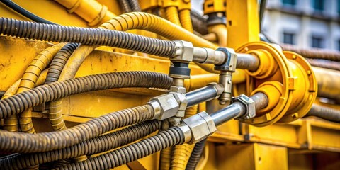 Aufkleber - A close-up of a yellow hydraulic system with intricate hoses, fittings, and valves, showcasing the complexity of heavy machinery
