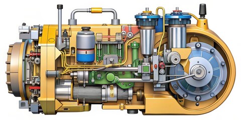 Poster - Detailed Cutaway View of a Complex Mechanical System with Exposed Gears, Pistons, and Interconnected Tubes
