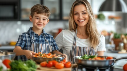 A mother and her young son collaborate in the kitchen, preparing a colorful dish. They smile happily at the camera, surrounded by fresh vegetables and kitchen utensils, showcasing a warm family bond.