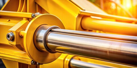 Poster - Close-up Detail of a Yellow Industrial Hydraulic System with Polished Metal Cylinders and a Sunlit Background