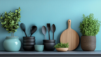 Modern Kitchen Utensils on Gray Table Against Light Blue Wall Background