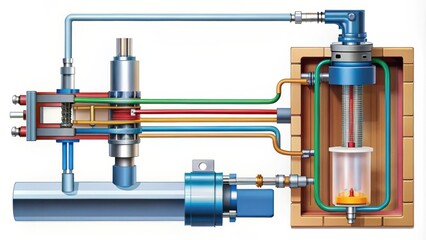 Aufkleber - Diagram of a system featuring a cylindrical reactor vessel, a valve assembly, and a pipe system.