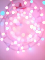 Blurred pastel pink background, circular pattern of glowing bokeh lights, soft focus, dreamy atmosphere, iridescent highlights, ethereal glow, magical sparkles, romantic mood, abstract photography, le