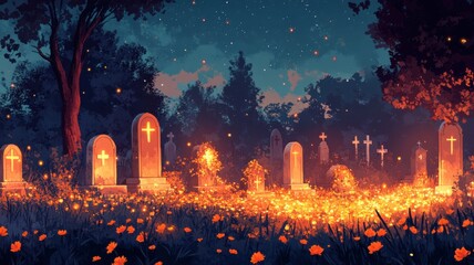 Artistic illustration of a nighttime cemetery with decorated graves glowing softly under candlelight, marigold petals and stars enhancing the magical and peaceful atmosphere. Day of the Dead