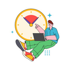Poster - Employee working on project completion on time. Vector flat cartoon character with productivity booster tools, showing clock with deadline measurements. Efficient worker or freelancer