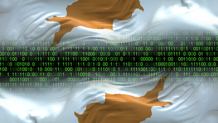 Cyprus flag - 3D realistic waving flag on matrix digital background with binary code