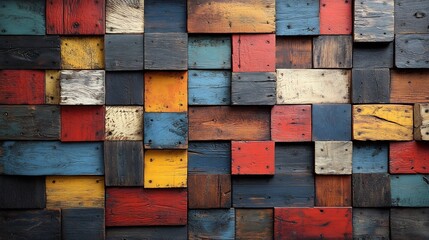 Poster - Artistic wood wall pattern background with a blend of natural textures and vibrant colors incorporating reclaimed wood pieces for a unique and eclectic look