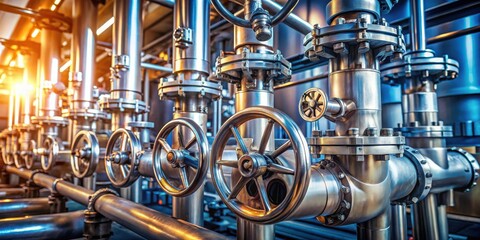 Poster - Industrial Piping System with Valves and Flanges, a Close-up View of Steel Pipes and Metallic Hardware