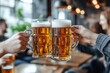 © SerPak - Two friends raise their large beer mugs in a joyful toast while seated at a wooden table in a warm and inviting pub. Laughter and conversation fill the air, creating a vibrant evening atmosphere.
