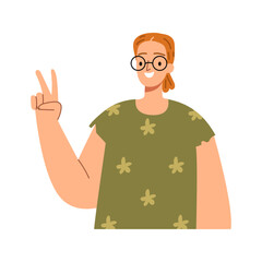 Poster - Smiling beautiful woman in glasses showing hand gesture. Two finger count isolated vector illustration. Hand gesture of victory and peace, funny cartoon character, counting girl