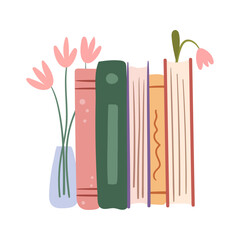 Aufkleber - Textbooks or journals on shelf with vase. Vector isolated dairies or books with flower bouquets. Composition for interior design or bookstore. Cute bookworm spot, shop or store assortment