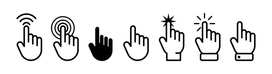 Tapping or selecting button on touchscreen. Vector isolated flat icons of retro cursors with hand and clicking interaction. UI and UX experience of user using application or programs in web