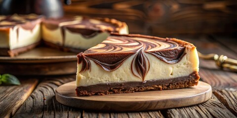 Poster - A slice of chocolate swirl cheesecake on a wooden board with a rustic background.