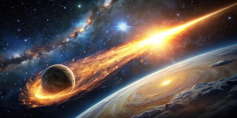 Wall Mural - a fiery celestial object streaks across the cosmos, leaving a blazing trail as it hurtles towards a 