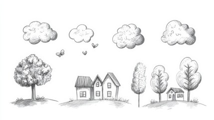Poster - Playful sketches display whimsical clouds, trees, and houses, capturing a serene landscape brimming with creativity and imagination. Generative AI