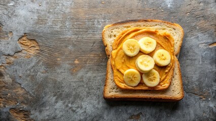 Poster - A single slice of toast topped with peanut butter and banana slices, resting on a wooden surface with a rustic and textured background.