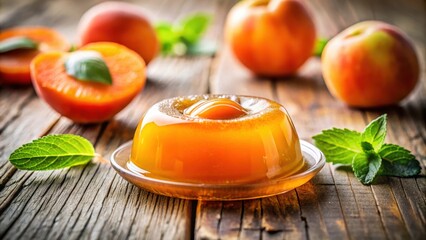 Poster - A glistening peach jelly dessert on a rustic wooden surface, surrounded by fresh peaches and vibrant green mint leaves.