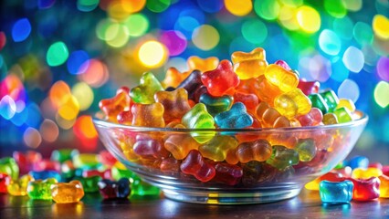 Aufkleber - A bowl filled with colorful gummy candies, a delightful treat with a background of bokeh lights.