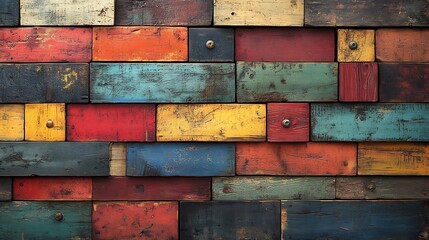 Poster - Artistic wood wall pattern background with a blend of natural textures and vibrant colors incorporating reclaimed wood pieces for a unique and eclectic look