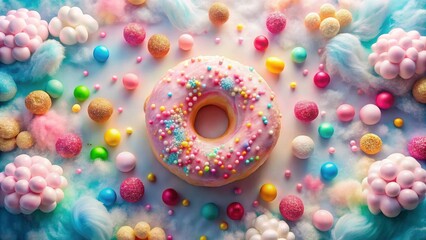 Poster - A whimsical composition featuring a pink frosted donut adorned with colorful sprinkles, surrounded by pastel colored spheres and clouds of cotton candy.