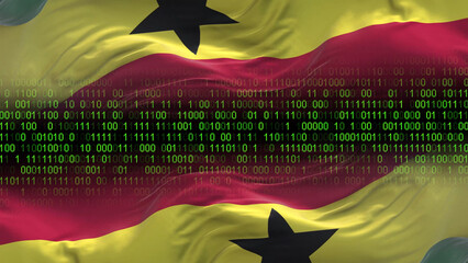 Ghana flag - 3D realistic waving flag on matrix digital background with binary code