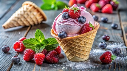 A scoop of pink ice cream with fresh berries in a waffle cone on a rustic wooden surface