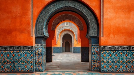Fototapete - Elegant arched doorway framed by colorful tiles in a traditional Moroccan structure showcasing the rich decorative elements and ancient architecture of the city