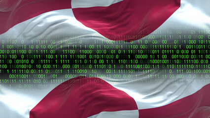 Greenland flag - 3D realistic waving flag on matrix digital background with binary code