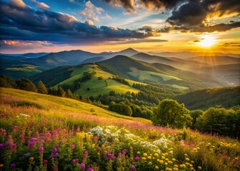 Wall Mural - Bieszczady Mountains in Poland with Captivating Bokeh Effect for Nature Lovers and Landscapes