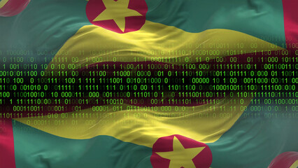 grenada flag - 3d realistic waving flag on matrix digital background with binary code