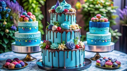 Poster - A trio of intricately decorated cakes, each with a unique design and vibrant color palette, are arranged on a table, showcasing a delightful celebration of culinary artistry.