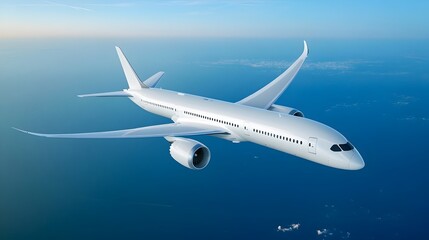 Sleek White Commercial Airplane Cruising Against Clear Blue Sky in Modern Air Travel