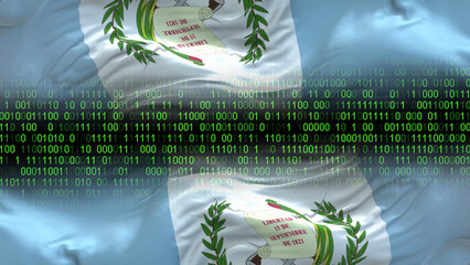 guatemala flag - 3d realistic waving flag on matrix digital background with binary code