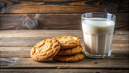 Poster - A stack of golden-brown cookies sits beside a glass of milk on a rustic wooden table.