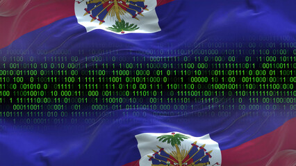 Haiti flag - 3D realistic waving flag on matrix digital background with binary code