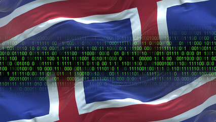 Iceland flag - 3D realistic waving flag on matrix digital background with binary code