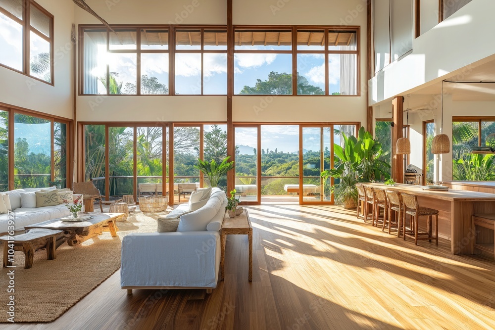 Picture of An open-plan living area with eco-friendly flooring, large windows for ...