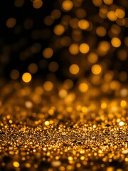 glittering gold particles, macro photography, shallow depth of field, bokeh lights, sparkling texture, luxury background, shimmering effect, warm golden tones, festive atmosphere, abstract holiday bac