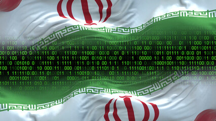 Iran flag - 3D realistic waving flag on matrix digital background with binary code