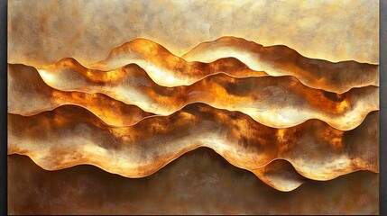 Poster - Elegant array of golden wall art pieces with flowing lines and wave patterns complemented by gradient shades capturing a sophisticated look perfect for upscale home or office decor