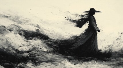 Silhouette of a cloaked figure standing amidst swirling black and white abstract waves