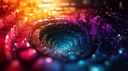 Aufkleber - A mesmerizing swirl of colorful geometric layers creates an illusion of depth, filled with sparkling light. The scene evokes a sense of digital wonder and exploration.