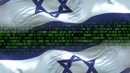 Israel flag - 3D realistic waving flag on matrix digital background with binary code
