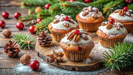 Poster - Christmas Cupcakes Decorated with Pine Nuts, Cranberries, and Star Anise on a Rustic Wooden Board