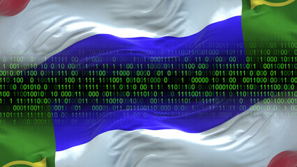 Khakassia flag - 3D realistic waving flag on matrix digital background with binary code