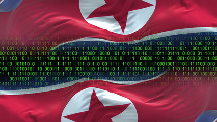 Korea North flag - 3D realistic waving flag on matrix digital background with binary code