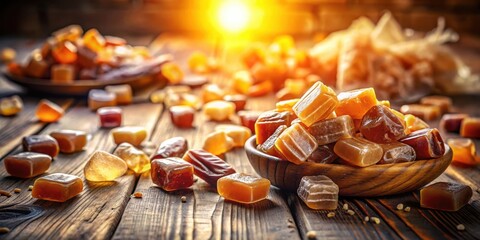 Poster - A Bowl of Delicious, Golden-Brown Candies Scattered on a Wooden Surface Under the Warm Glow of a Setting Sun