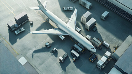 Cargo Plane Unloading at Airport with Surrounding Logistics Vehicles and Containers