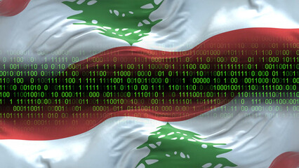 Lebanon flag - 3D realistic waving flag on matrix digital background with binary code