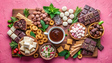 Poster - A wooden board overflowing with delectable treats, featuring a variety of chocolates, candies, snacks, and a steaming cup of rich chocolate sauce.